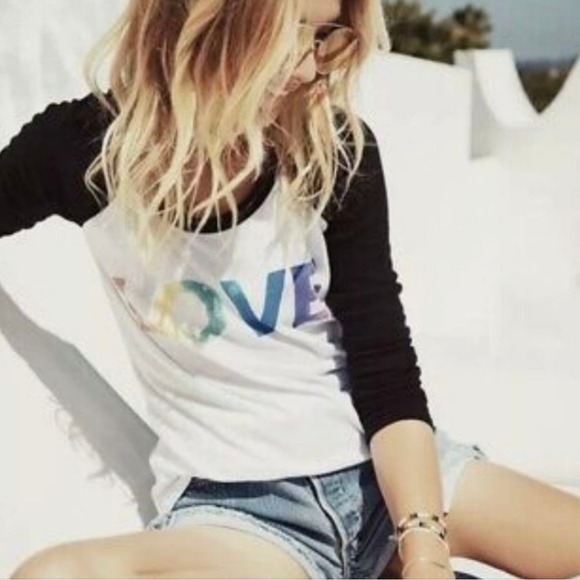 Chaser LOVE Raglan Tee Womens Medium Rainbow Black White Long Sleeve - Picture 1 of 7